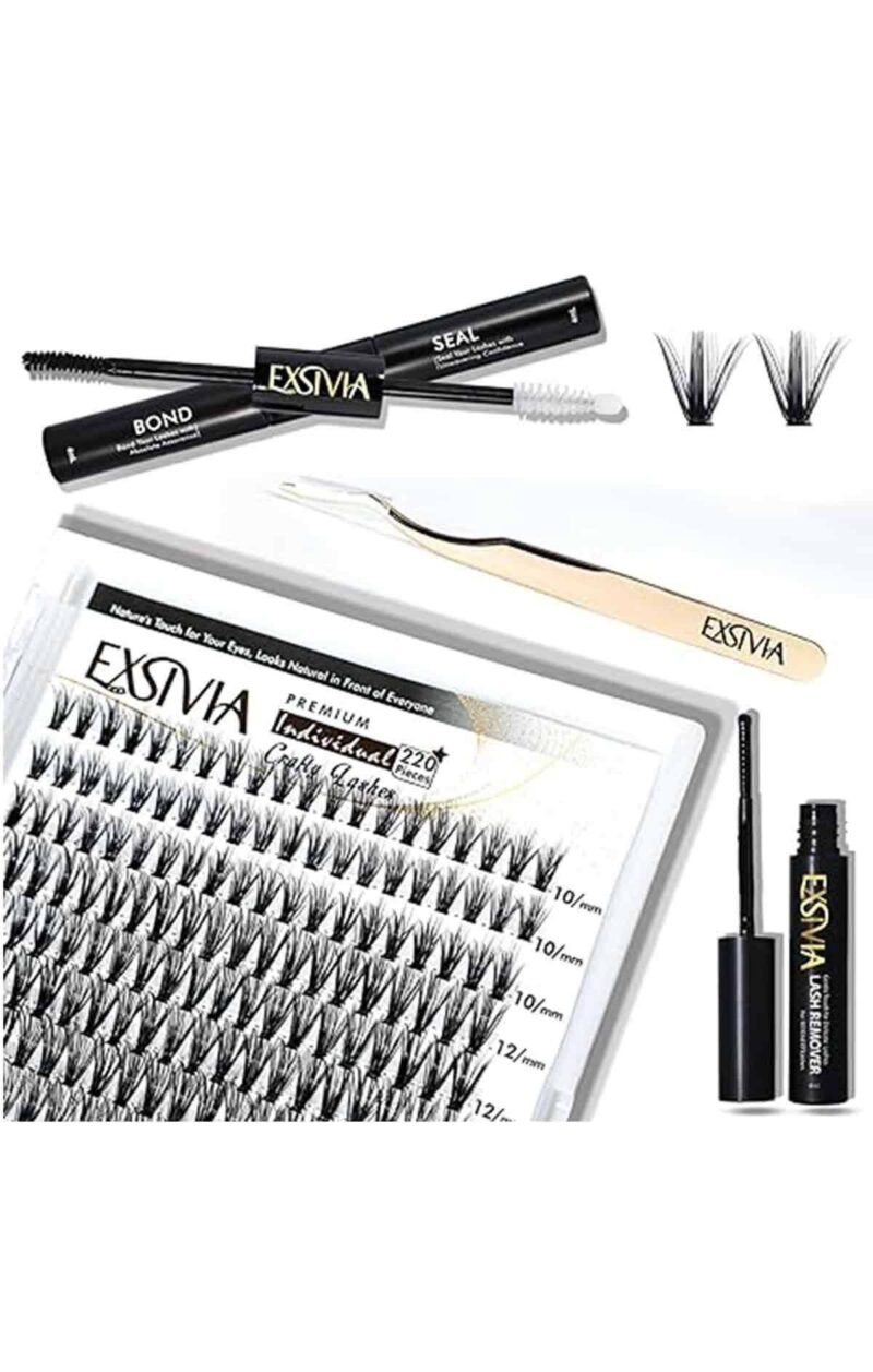 Premium Eyelash Extension Kit - Reusable Lash Clusters - DIY Set with Bond, Seal & Tweezer - Home Use - Exsivia